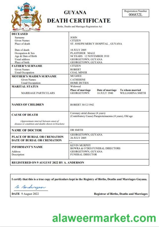 Guyana death certificate Word and PDF template